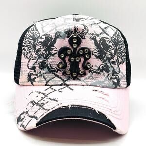 BLING Leader LOGA Pink Bejeweled Distressed Adjustable Cap Fleur De Lis